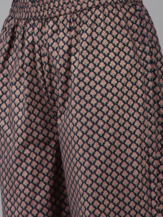 Yufta Women Teal Blue Floral Printed Pure Cotton Kurta with Trousers & With Dupatta