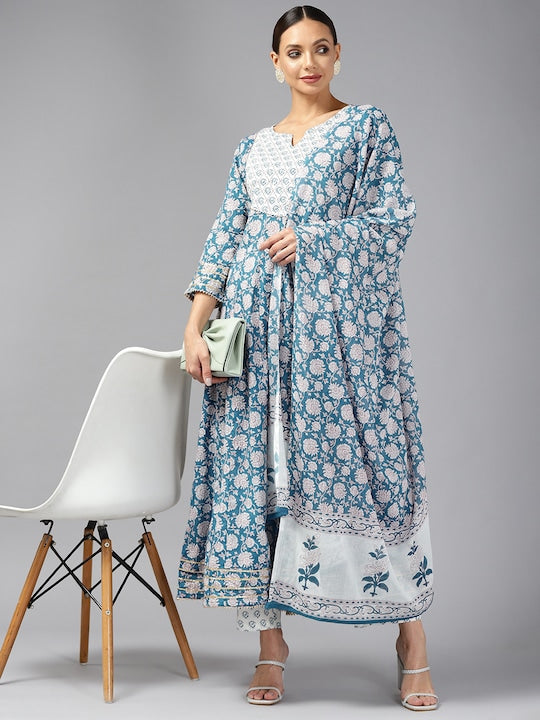 Yufta Women Blue Ethnic Motifs Printed Printed Pure Cotton Kurta with Trousers & Dupatta