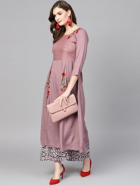 Yufta Women Mauve & Black Embroidered Kurta with Palazzos
