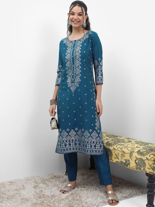 Vishudh Women Blue & Silver Ethnic Motifs Printed Regular Kurta with Trousers