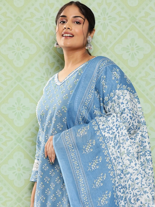 Yufta Plus Size Floral Printed Regular Pure Cotton Kurta with Trousers & Dupatta
