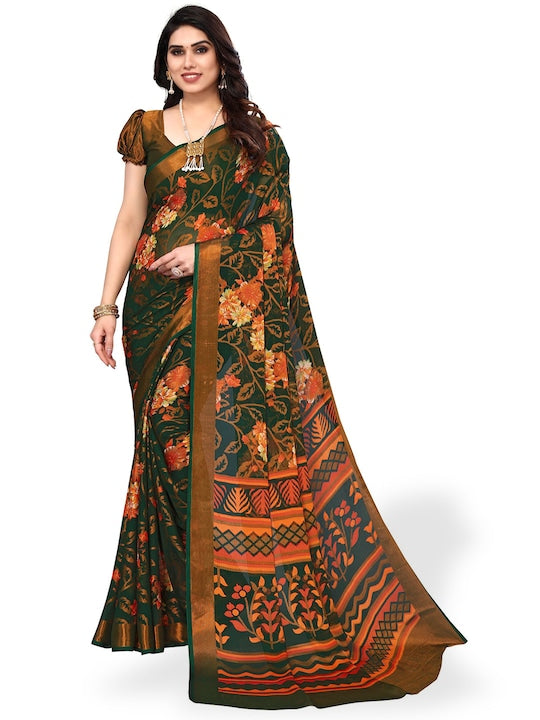 Fabmora Floral Printed Zari Pure Chiffon Brasso Saree