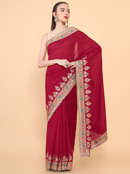 Soch Red & Gold Toned Embroidered Silk Blend Tussar Saree