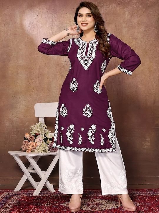 Fabmora Floral Embroidered Round Neck Three-Quarter Sleeves Chikankari Kurta with Palazzos