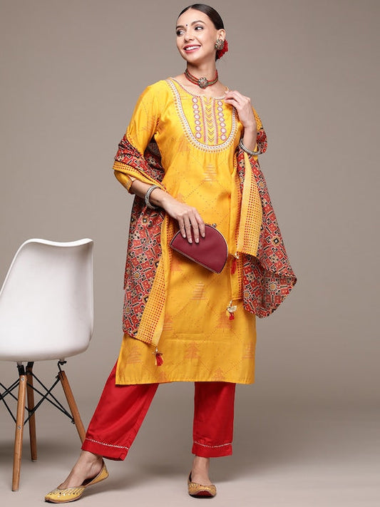 Anubhutee Women Mustard Yellow Ethnic Motifs Embroidered Kurta with Trousers & Dupatta