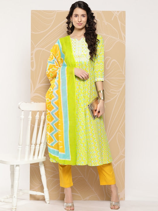 Yufta Ethnic Motifs Printed Thread Work Detail Cotton A-Line Kurta with Trousers & Dupatta