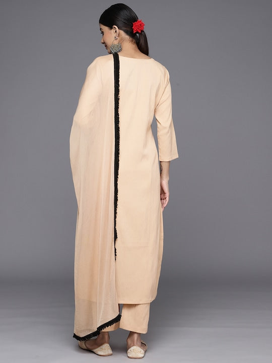 Varanga Floral Yoke Design Regular Thread Work Silk Crepe Kurta with Trousers & Dupatta