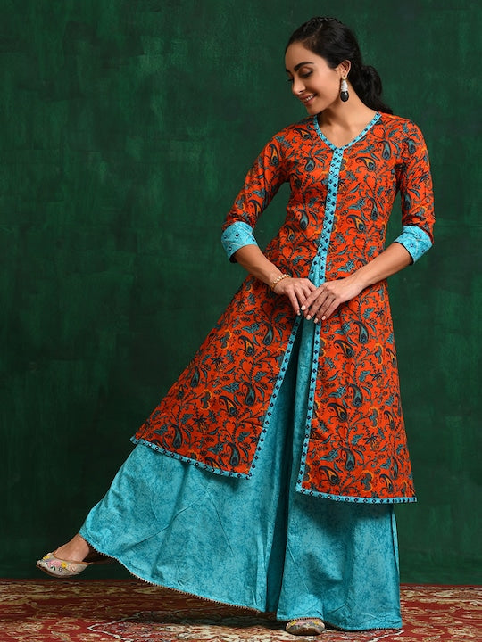 AKS Paisley Printed Mirror Work Pure Cotton A-Line Kurta With Palazzos
