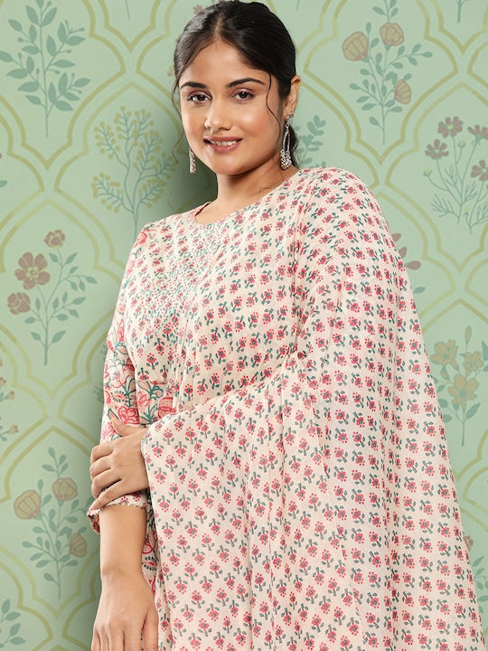 Yufta Women Plus Size Floral Printed Regular Pure Cotton Kurta with Trousers & Dupatta