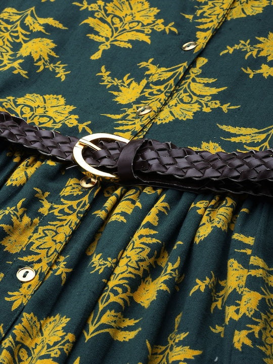 All about you Green & Yellow Floral Pure Cotton Sleevless Gathered Midi Dress