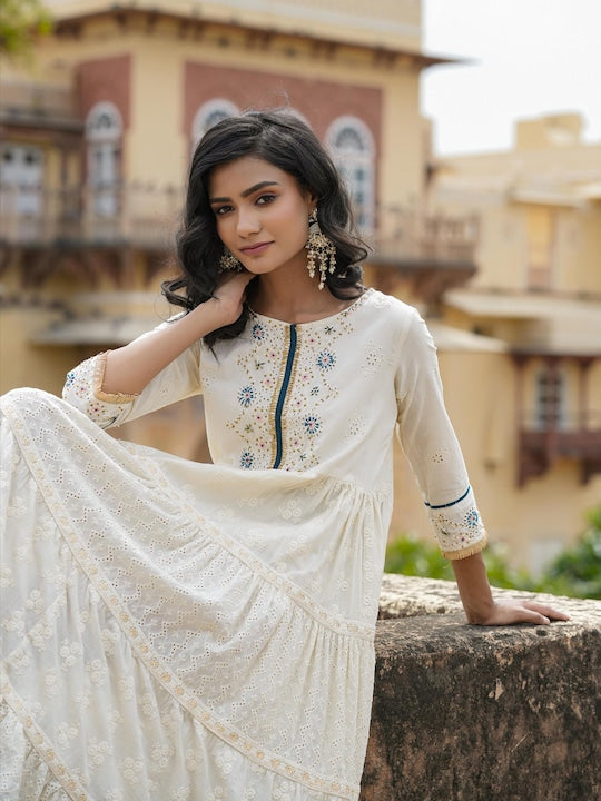 Scakhi Ethnic Motifs Schiffli Self Design Tiered Cotton Fit & Flare Ethnic Dress