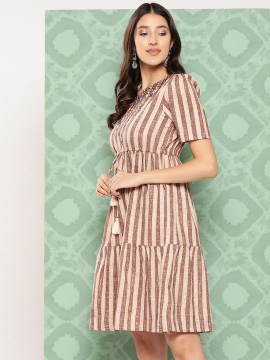 All about you Vertically Striped Embroidered Detail Pure Cotton Tiered A-Line Dress