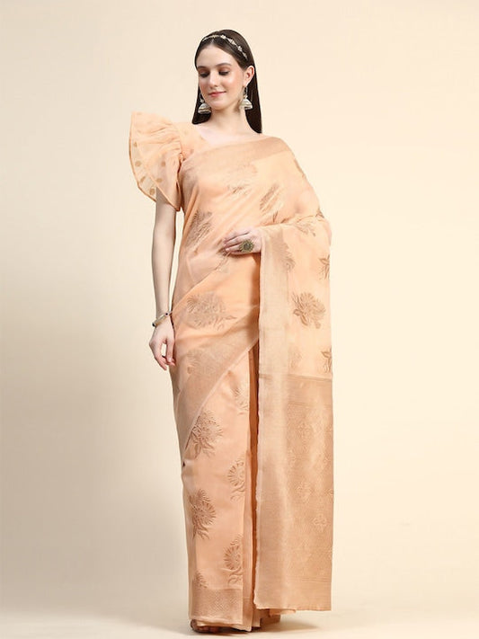 Here&now Peach & Gold-Toned Ethnic Motifs Woven Design Zari Silk Cotton Saree
