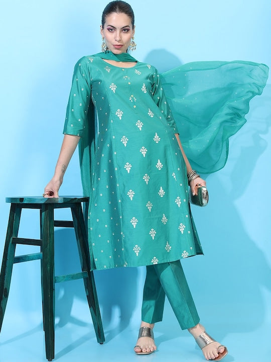 Vishudh Women Turquoise Blue Kurta with Trousers & Dupatta