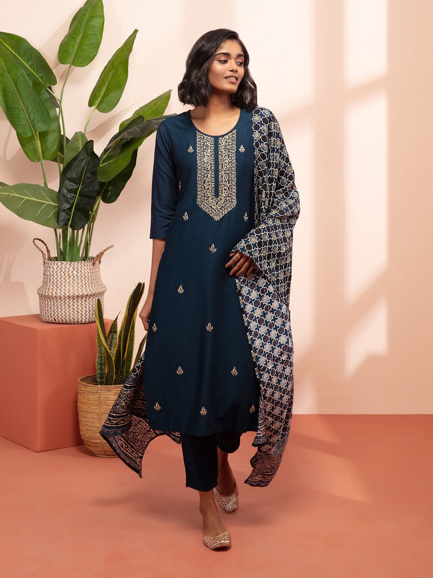 Likha Navy Blue Embroidered Kurta Pant and Dupatta LIKSKD130 (Set of 3)