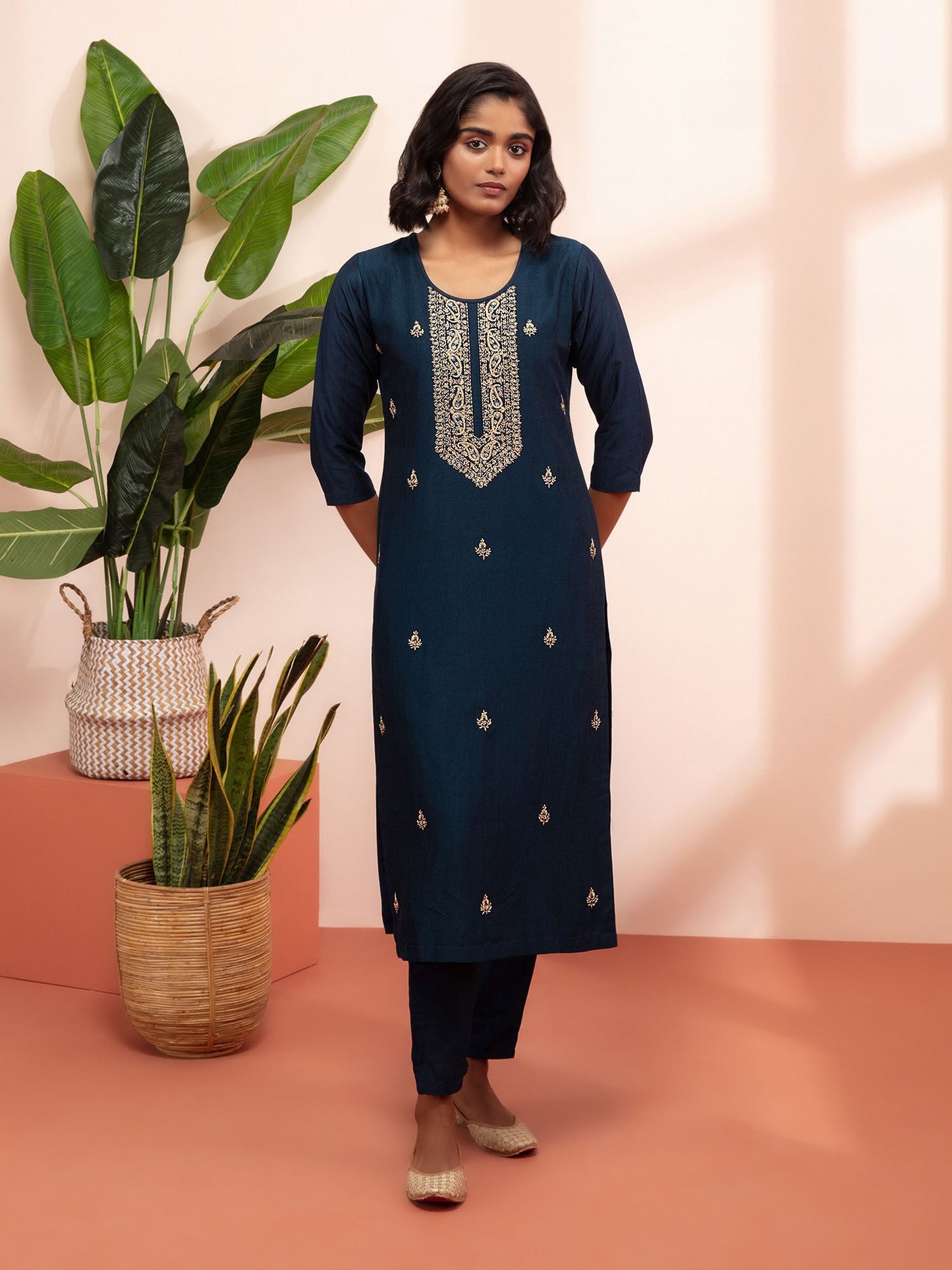 Likha Navy Blue Embroidered Kurta Pant and Dupatta LIKSKD130 (Set of 3)