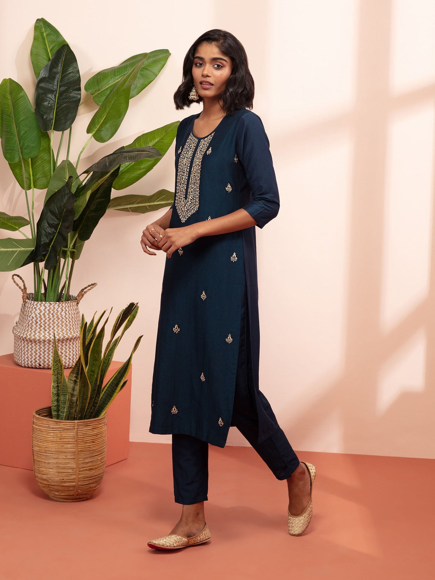 Likha Navy Blue Embroidered Kurta Pant and Dupatta LIKSKD130 (Set of 3)