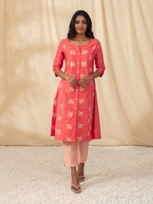 Likha Coral Pink Art Silk Embroidered Co-ord Set LIKSKD242 (Set of 2)