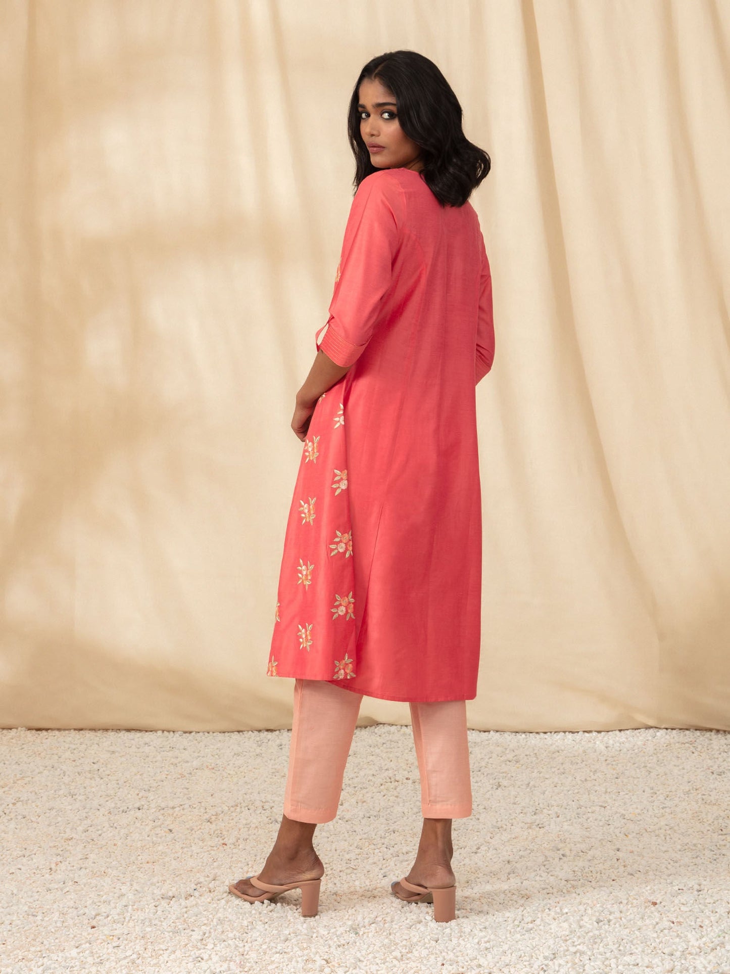 Likha Coral Pink Art Silk Embroidered Co-ord Set LIKSKD242 (Set of 2)