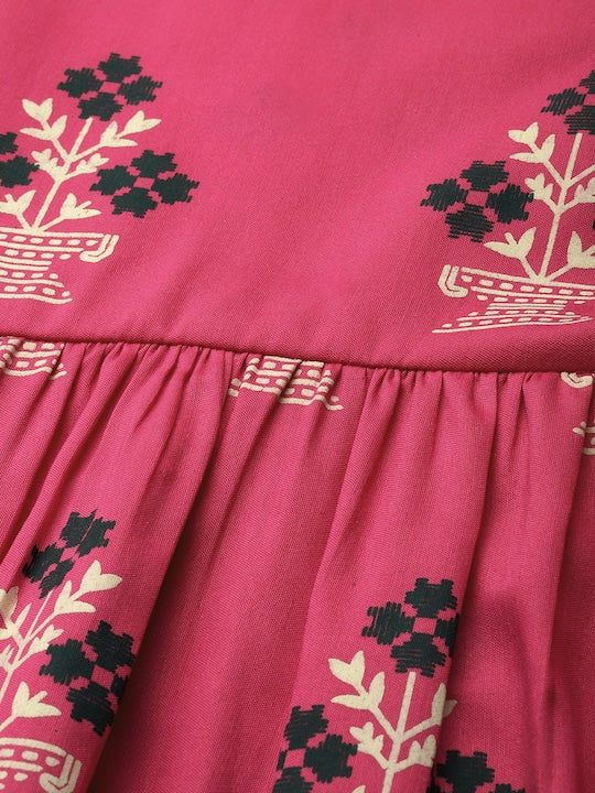 All about you Pink & Green Floral Printed Puff Sleeves Gathered A-Line Midi Dress