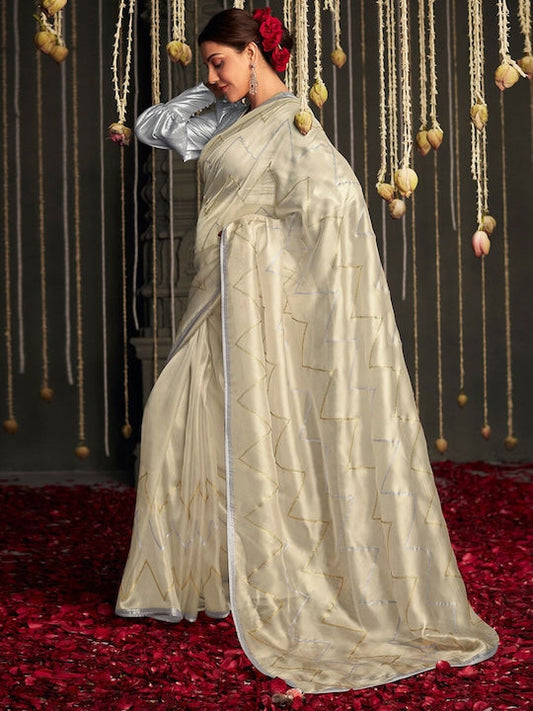 Mitera Cream-Coloured & Gold-Toned Embellished Beads & Stones Saree