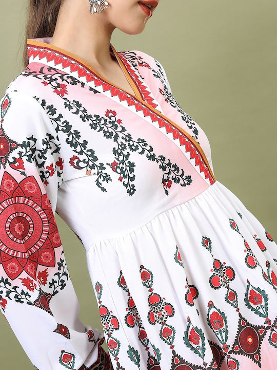 Vishudh Women White & Maroon Printed Fit And Flared Dress