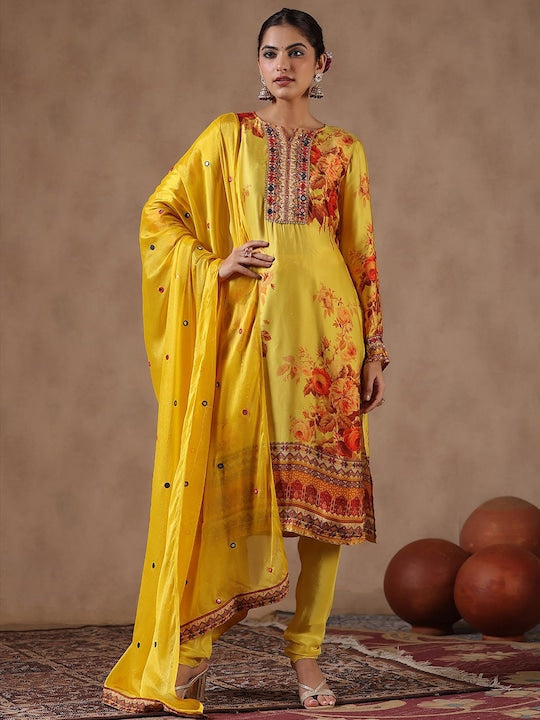 Scakhi Floral Printed Mirror Work Satin Kurta with Churidar & Dupatta