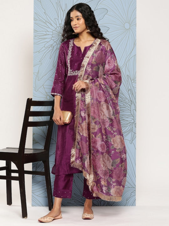 Varanga Yoke Design Regular Chanderi Silk Kurta with Trousers & With Dupatta