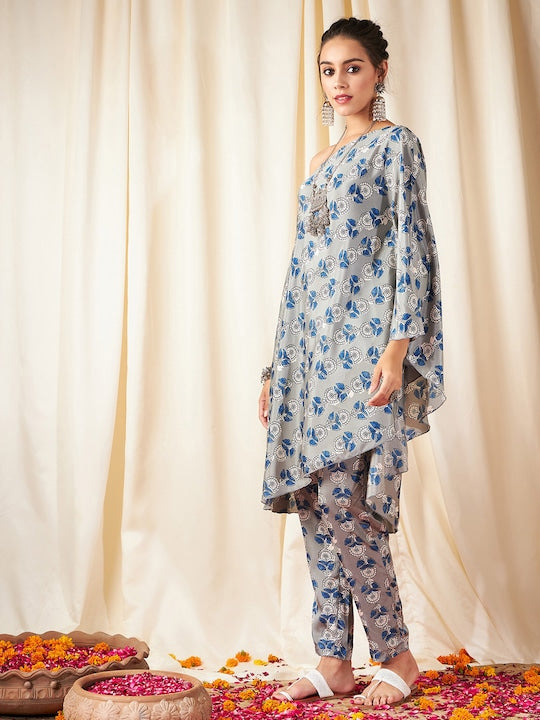 Shae by Sassafras Grey Ethnic Motifs Printed One Shoulder Kaftan Kurta