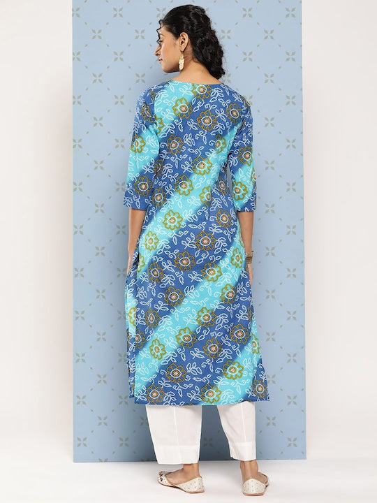 Yufta Women Blue & Blue Bandhani Printed Gotta Patti Kurta