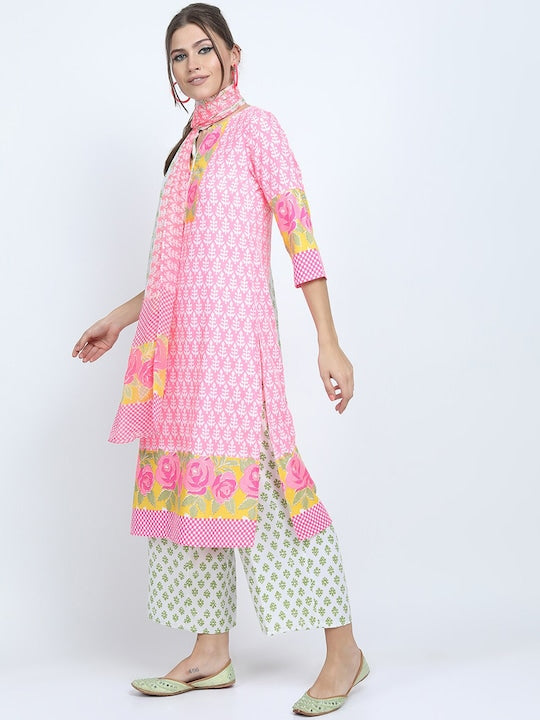 Vishudh Women Pink Floral Yoke Design Cotton Blend Kurta Palazzo With Dupatta