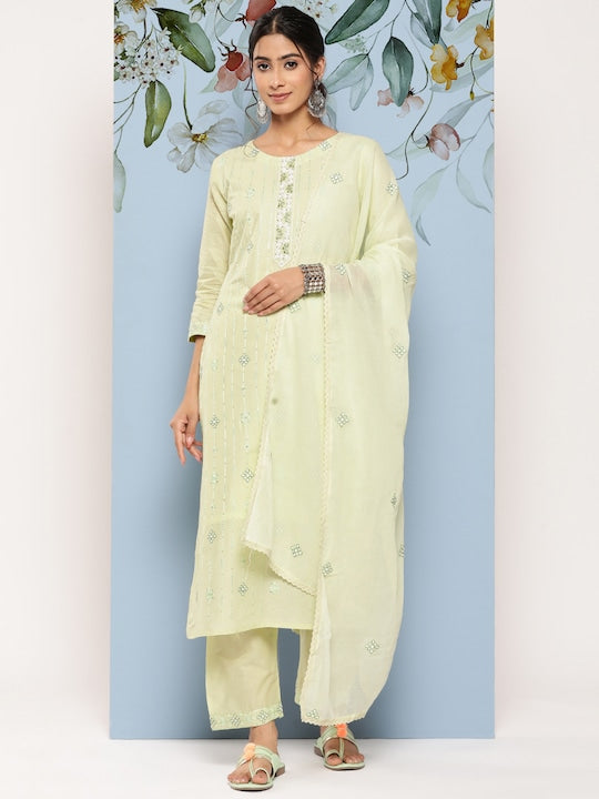 Yufta Ethnic Motifs Embroidered Sequinned Pure Cotton Kurta With Trousers & Dupatta