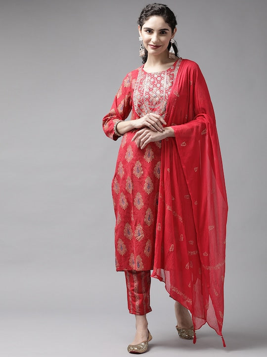 Yufta Women Red & Beige Paisley Print Gotta Patti Kurta with Trousers & Dupatta