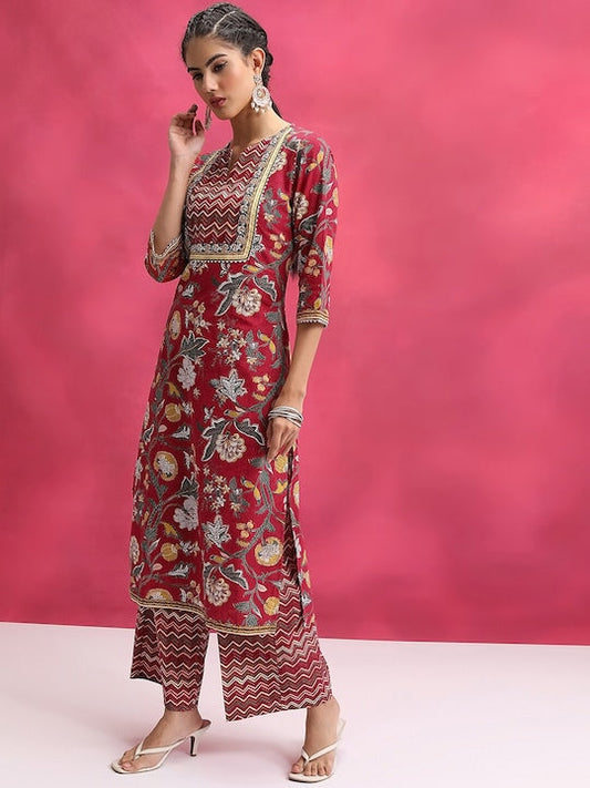 Vishudh Floral Printed Regular Pure Cotton Notch Neck Straight Kurta With Palazzo