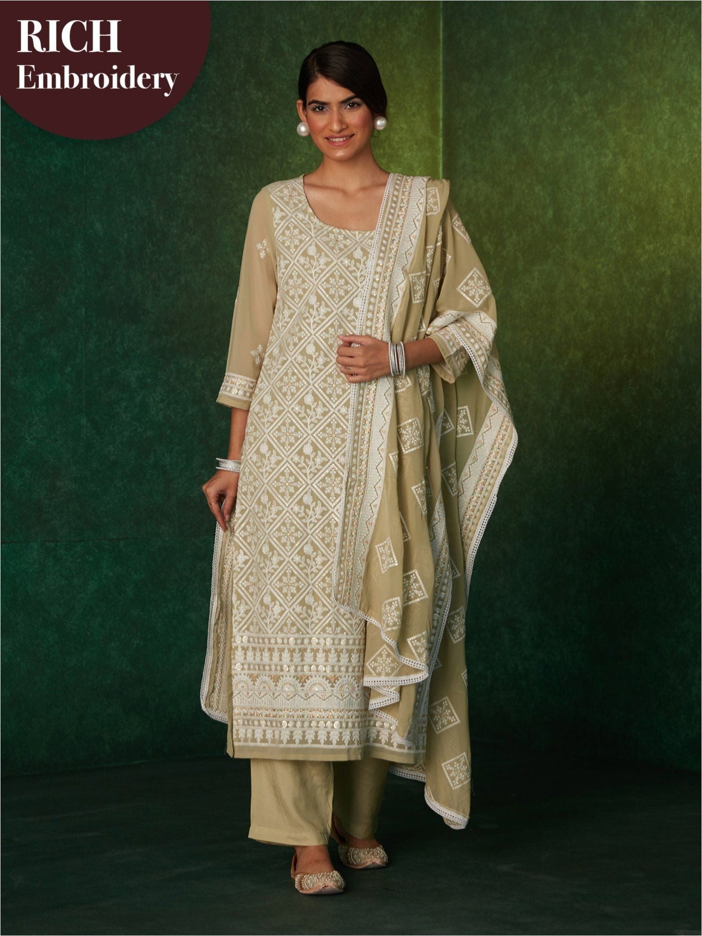 Likha Karigiri Olive Heavy Embroidered Kurta, Pant & Dupatta LIKSKD165 (Set of 3) - 2XL