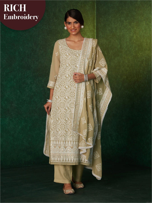 Likha Karigiri Olive Heavy Embroidered Kurta, Pant & Dupatta LIKSKD165 (Set of 3) - 2XL