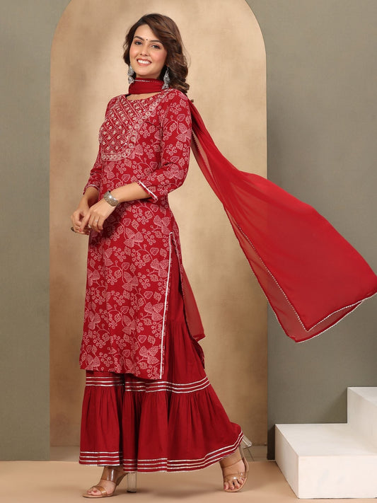 PIROH Womens Floral Jaal Print Rayon Kurta Cotton Pant Chiffon Dupatta-Maroon (Set of 3)