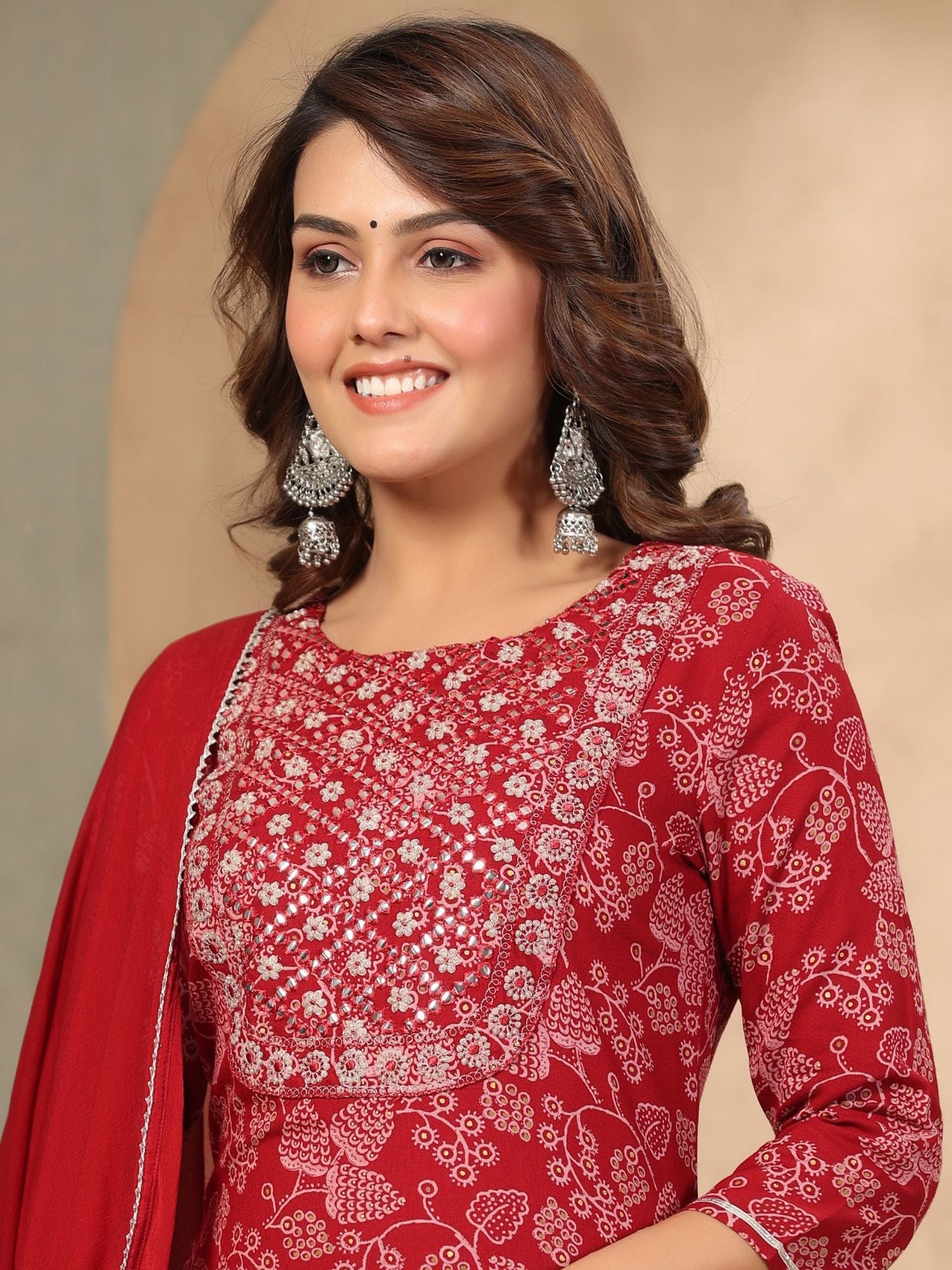 PIROH Womens Floral Jaal Print Rayon Kurta Cotton Pant Chiffon Dupatta-Maroon (Set of 3)