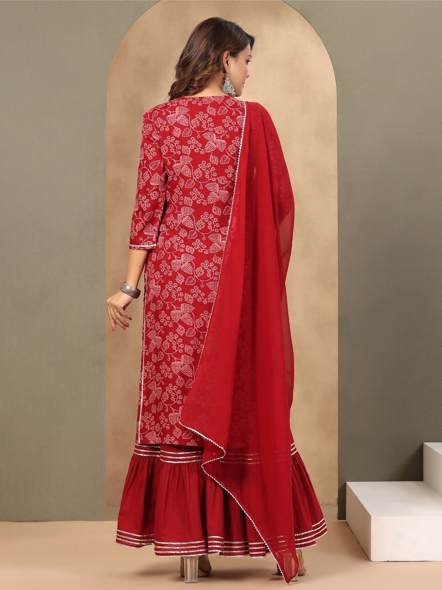 PIROH Womens Floral Jaal Print Rayon Kurta Cotton Pant Chiffon Dupatta-Maroon (Set of 3)