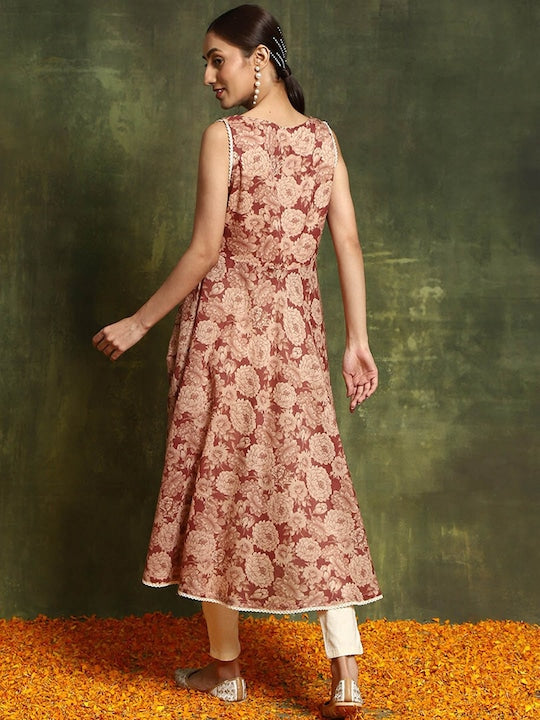 AKS Floral Printed Sequinned Anarkali Cotton Kurta