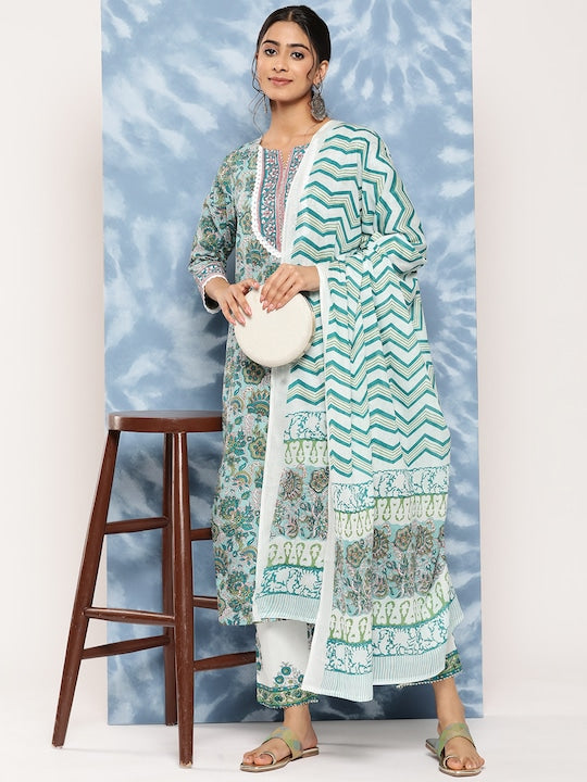 Yufta Floral Block Printed Regular Pure Cotton Kurta With Trousers & Dupatta