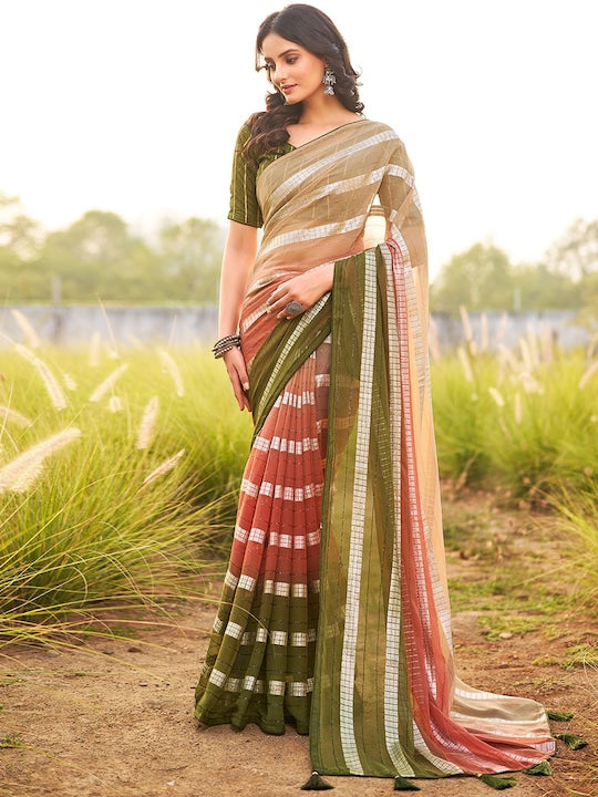 Satrani Striped Poly Georgette Leheriya Saree with Tassels