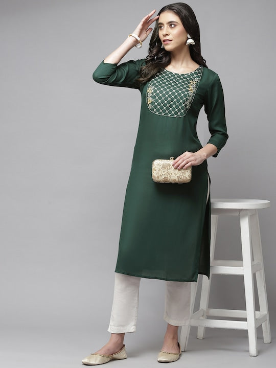 Yufta Women Green Ethnic Motifs Embroidered Mirror Work Kurta