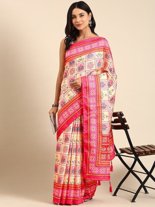 Kasee Red & Yellow Floral Printed Satin Saree