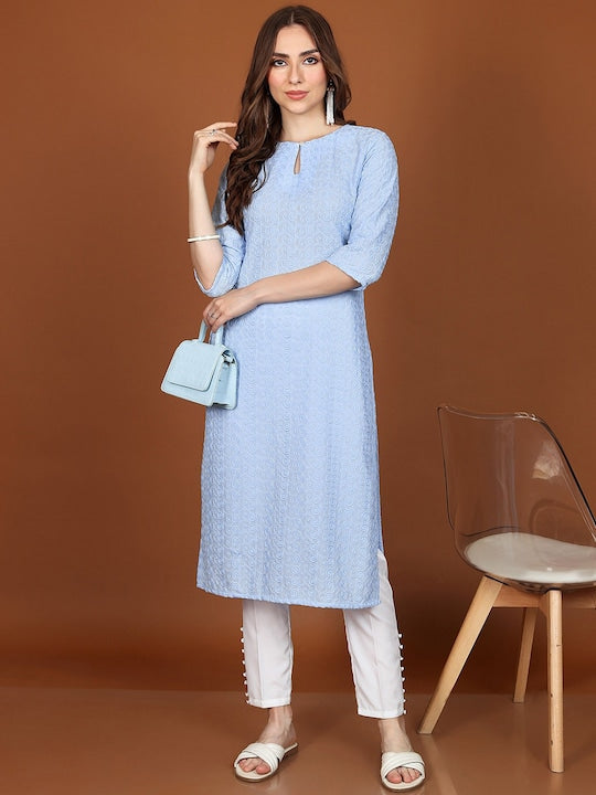 Vishudh Blue Ethnic Motifs Embroidered Keyhole Neck Thread Work Detailed Straight Kurta