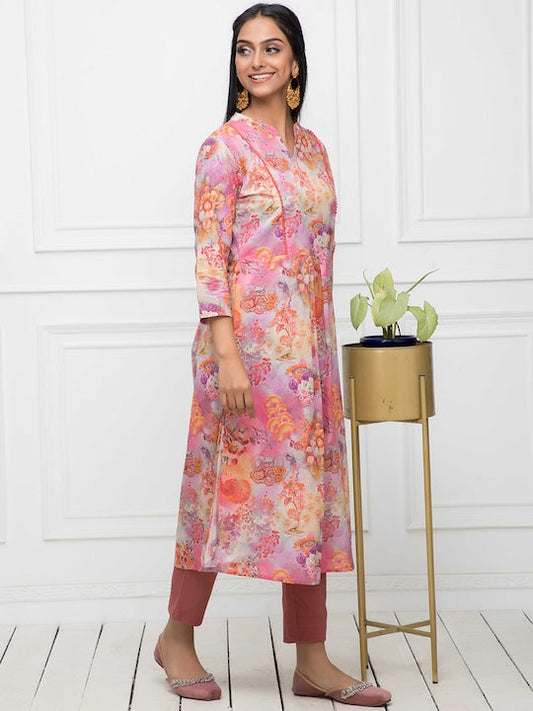 Myshka Floral Printed Cotton A-Line Kurta