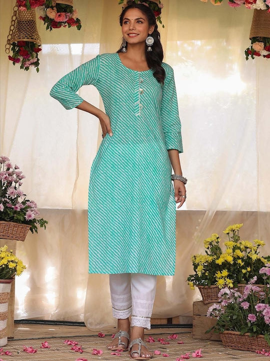 Scakhi Women Turquoise Blue Striped Kurta