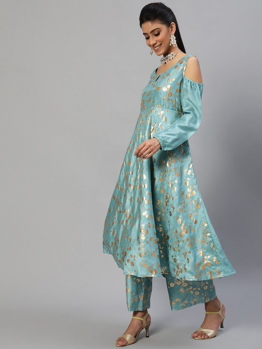 AKS Couture Floral Printed Keyhole Neck Cold-Shoulder Sleeves Anarkali Kurta
