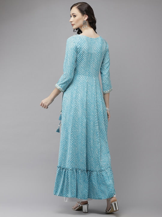 Yufta Women Turquoise Blue Leheriya Printed Kurta