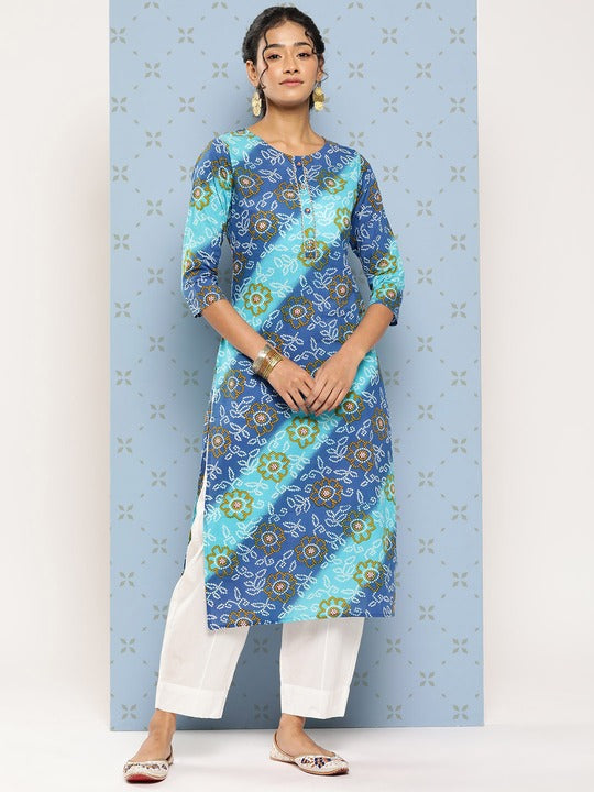 Yufta Women Blue & Blue Bandhani Printed Gotta Patti Kurta